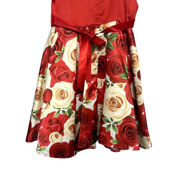 NSSMWTTC Satin Dress Floral Pattern Back Zip Closure Bow Accent Red Girl's AU7 - Picture 6 of 6